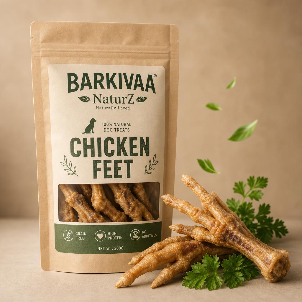 Barkivaa NaturZ Chicken Feet pouch with crunchy dried chicken feet and parsley