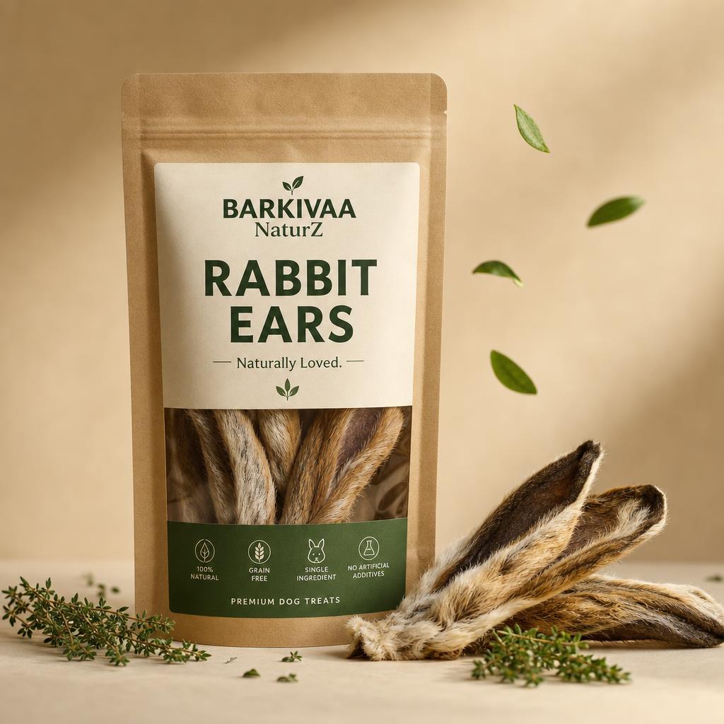 Barkivaa NaturZ Rabbit Ears pouch with furry dried rabbit ears and thyme