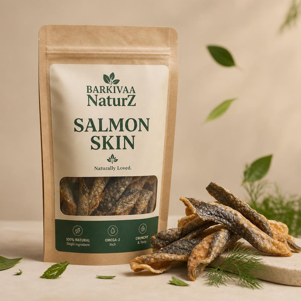 Barkivaa NaturZ Salmon Skin pouch with crispy twisted salmon skin and dill