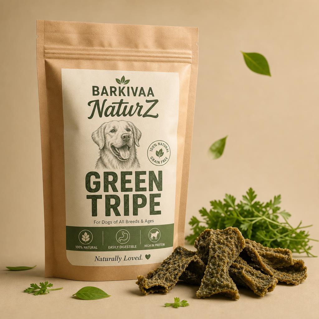 Barkivaa NaturZ Green Tripe pouch with dried green tripe pieces and fresh herbs